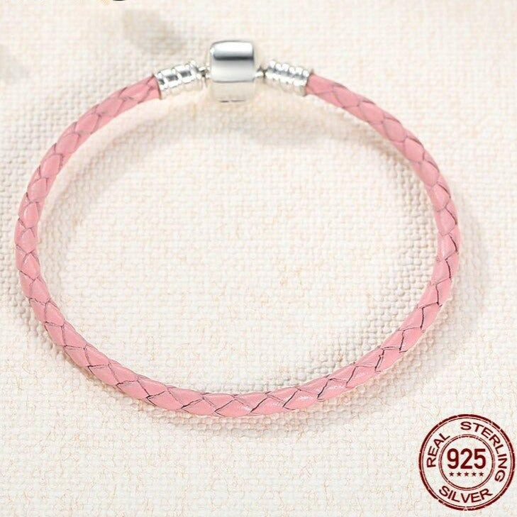 Růžový Kožený Náramek s Charms